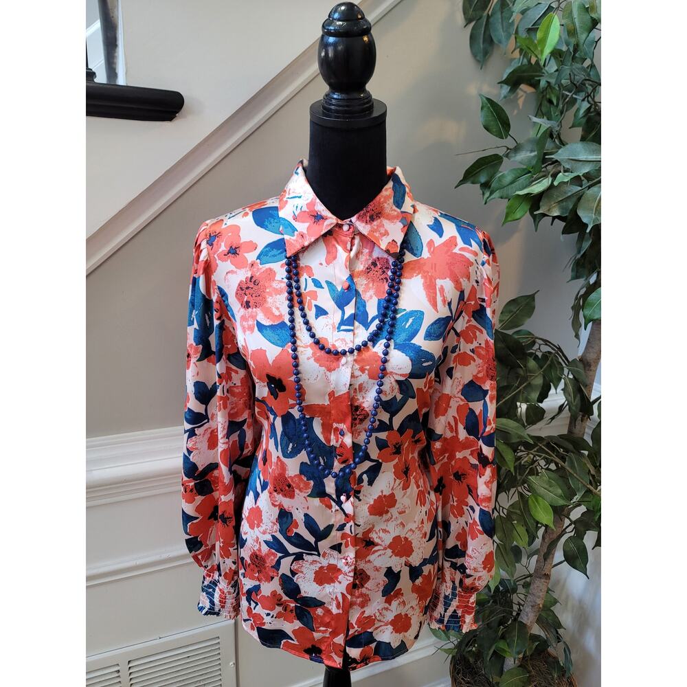 Hudson Gray Floral Blouse Women's XL Orange Blue Button Front Long Sleeve Top